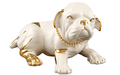 Handbemalter Keramik Bulldog mit Swarovski Hundehalsband und Augen mit Goldzeichnung